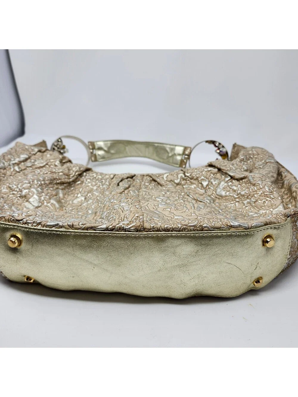 The Find Metallic Gold Embossed Hobo Bag Jeweled Ring Handles